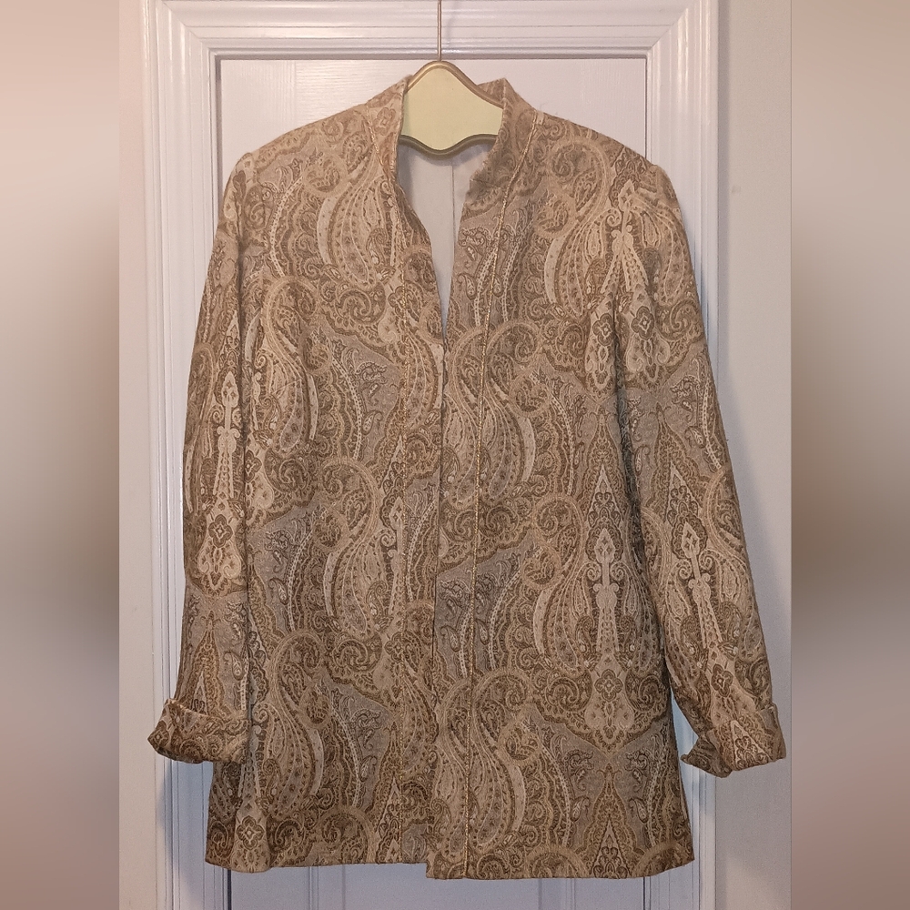 Vintage Laura Ashley Gold Cream Paisley Print Open Blazer Size Large